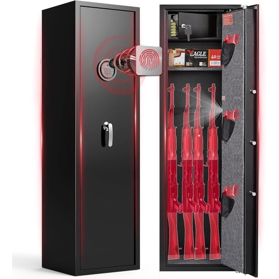 Marcree Biometric Fingerprint Gun Safe for Rifles, 6-8 Gun Cabinet with Key Inner Cabinet, Fingerprint & Digital Keypad  Cabinet, Gun Safe for Rifles and Pistols, Pistol Pocket, Silent Mode