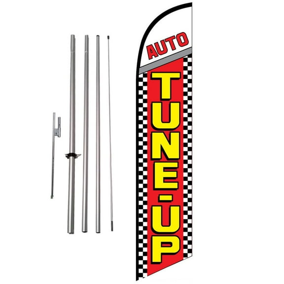 Auto Tune-up checkered 15ft Feather Banner Swooper Flag Kit with pole & spike