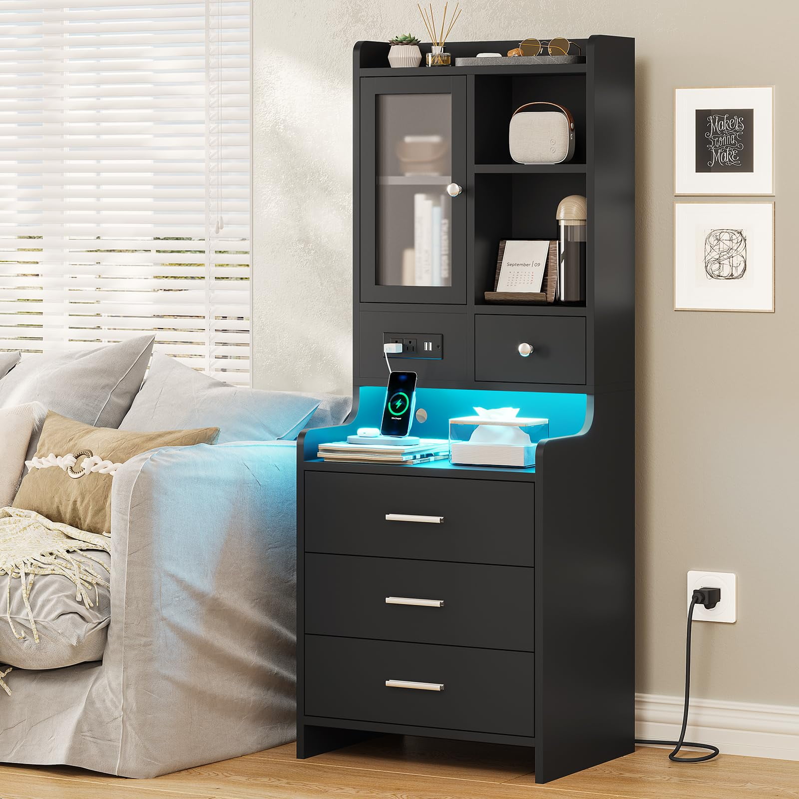 Afuhokles Tall Nightstand Set of 2 with Charging Station for Bedroom, Bedside Table with 4 Drawers, LED Night Stand with Bookshelf, Black