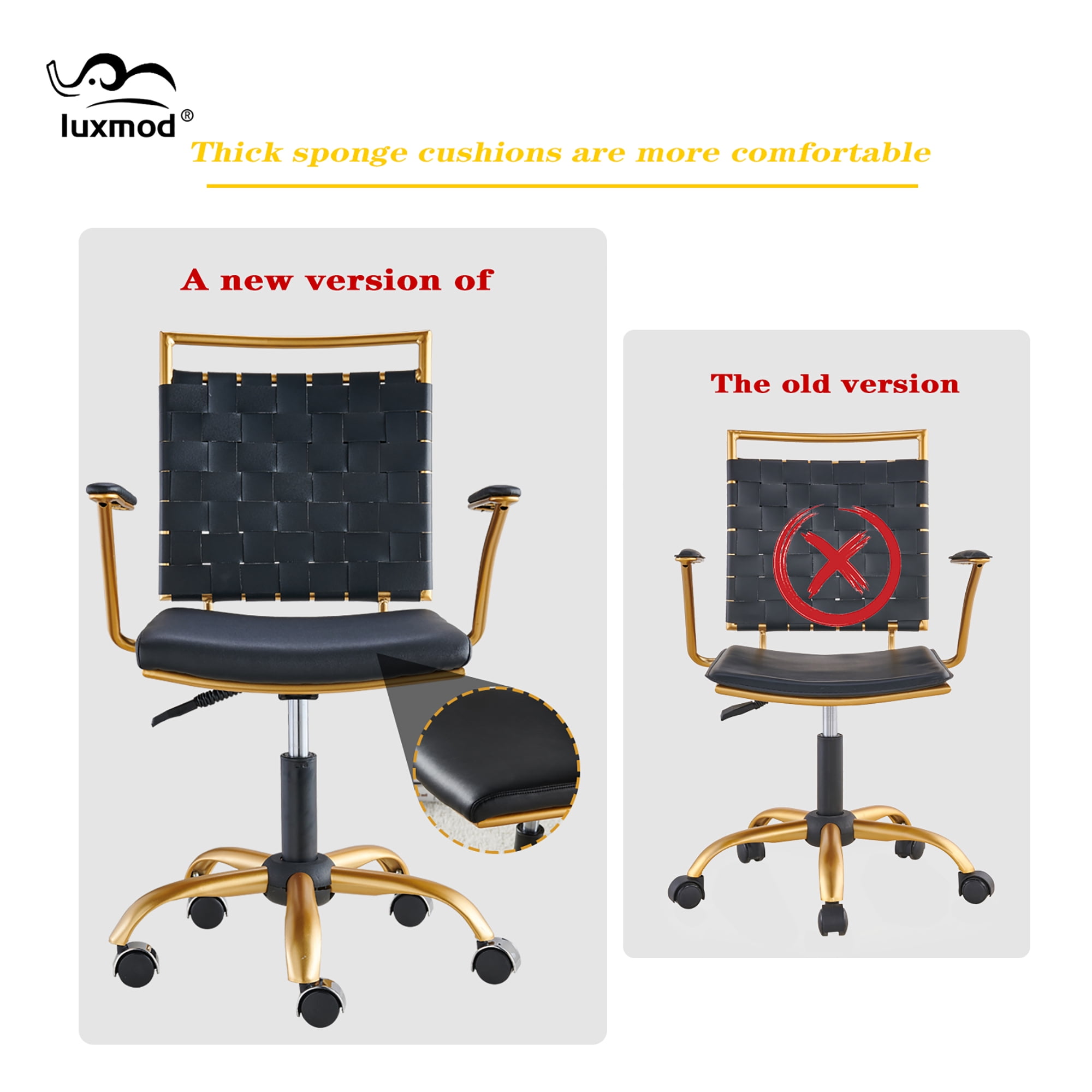 CAROCC Home Office Desk Chair Task Chair with Armrest Adjustable Swivel Chair in Durable Vegan Leather Gold Office Chair Ergonomic Desk Chair for Extra Back & Lumbar Support