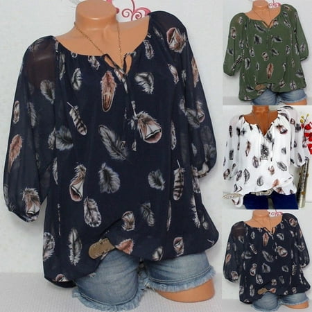 New Women Loose V-neck Blouse Casual Feather Pattern Tops Beach T-Shirt