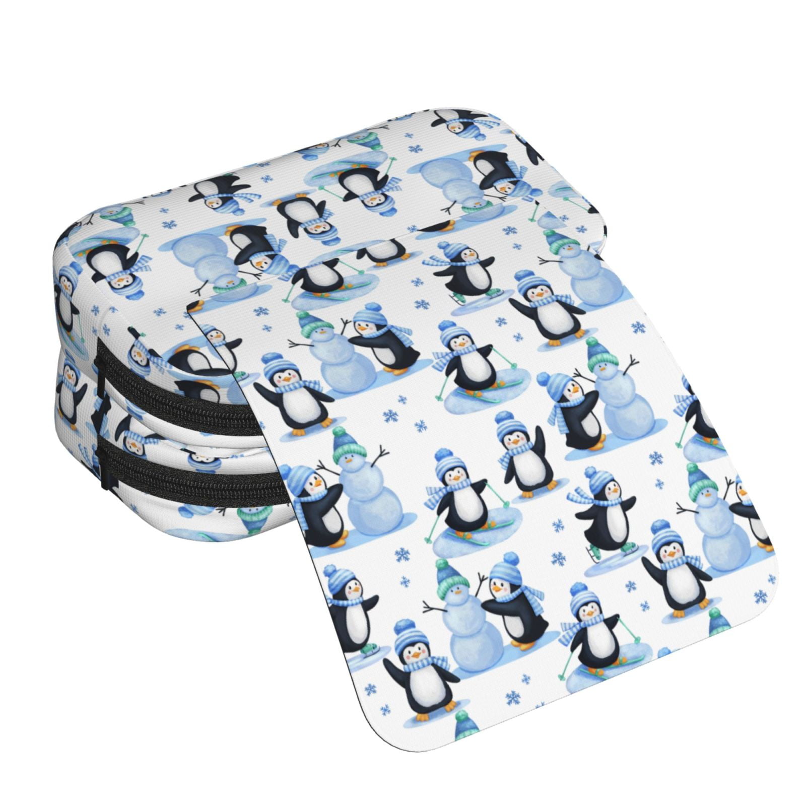 Rateoe Playful Penguins and Snowmen Pattern Double Clamshell Pen Case, Storage Organizer with Two Zipper Compartments– Holds Up to 50 Pencils & Pens