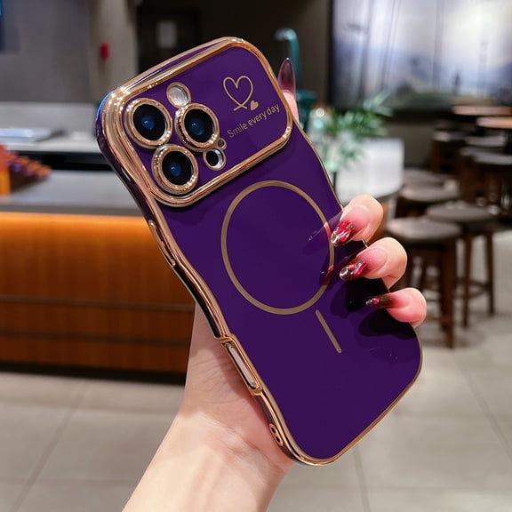 For iPhone 11 Case for Women Girls [Compatible with MagSafe] Cute Curly Wave Shape, Magnetic Love Heart Pattern with Camera Lens Cover Luxury Plating Shockproof Phone Case,Darkpurple
