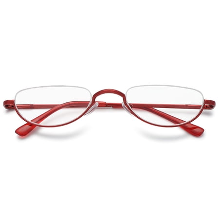 MAGIMODAC Metal Reading Glasses Half Moon Halframe Eyeglasses Eyewear Readers with Spring Hinges (Red, +4.0)