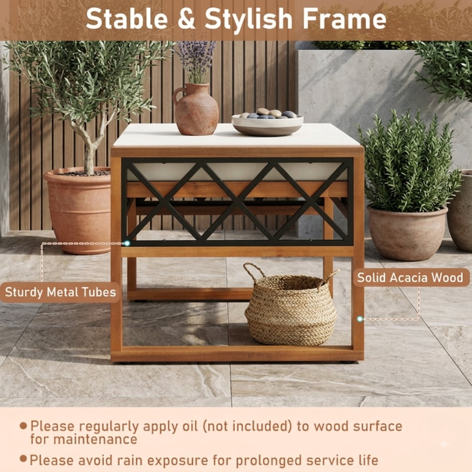 Furnibear PE Rattan Wicker Ottoman Set of 2, Outdoor Patio Footstool with Removable Cushions, Acacia Wood & Metal Frame for Garden Porch, 400 LBS, Beige
