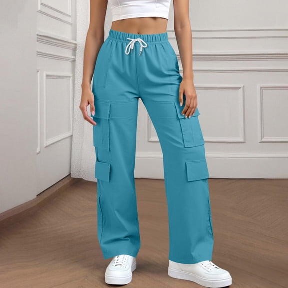 Cargo Pants Women, Drawstring Straight Elastic Waist Multiple Pockets Cargo Pants Solid Color Outdoor Workout Casual Hiking Pants