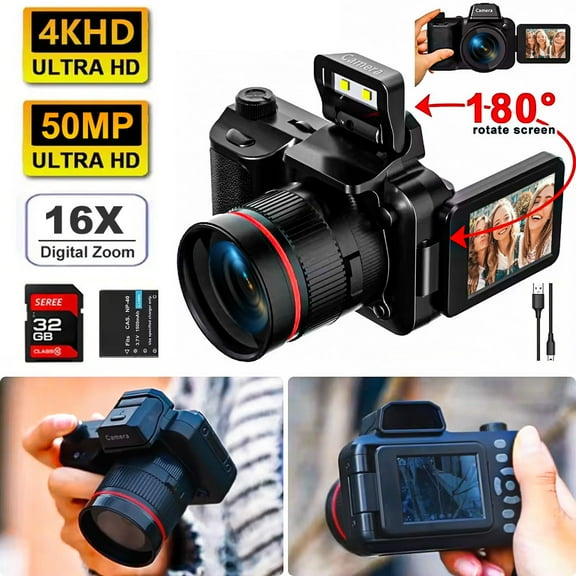 4K Vlogging Camera - 2.2" Flip Screen, 50MP 16X Zoom, Autofocus & Anti-Shake, Includes 32GB Card & Battery