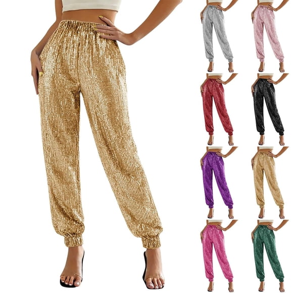 Women's High Waisted Sparkle Pants Sequin Shiny Elastic Waist Loose Fit Long Pencil Silhouette Holiday Party Trousers