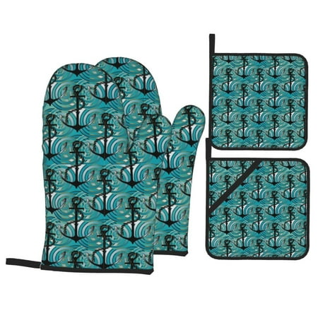 

Oven Mitts and Pot Holders Sets 4 pcs - vintage anchors rope waves green Heat Resistant Silicone Oven Gloves with Non-Slip Silicone Surface and hot pads for kitchen Baking Cooking BBQ