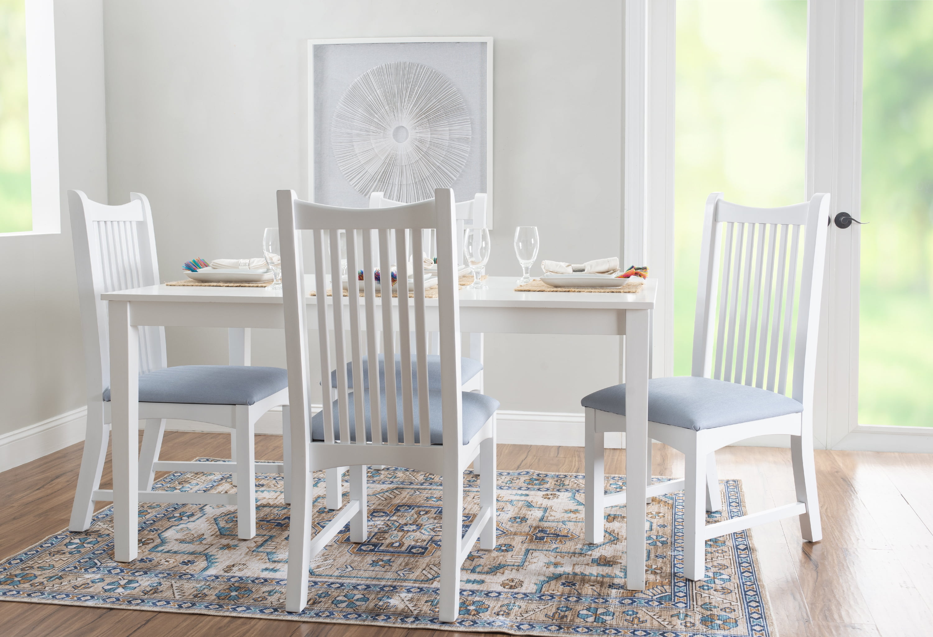 Linon Stanton Dining Chairs, Set of 2, White Finish with Light Blue Fabric