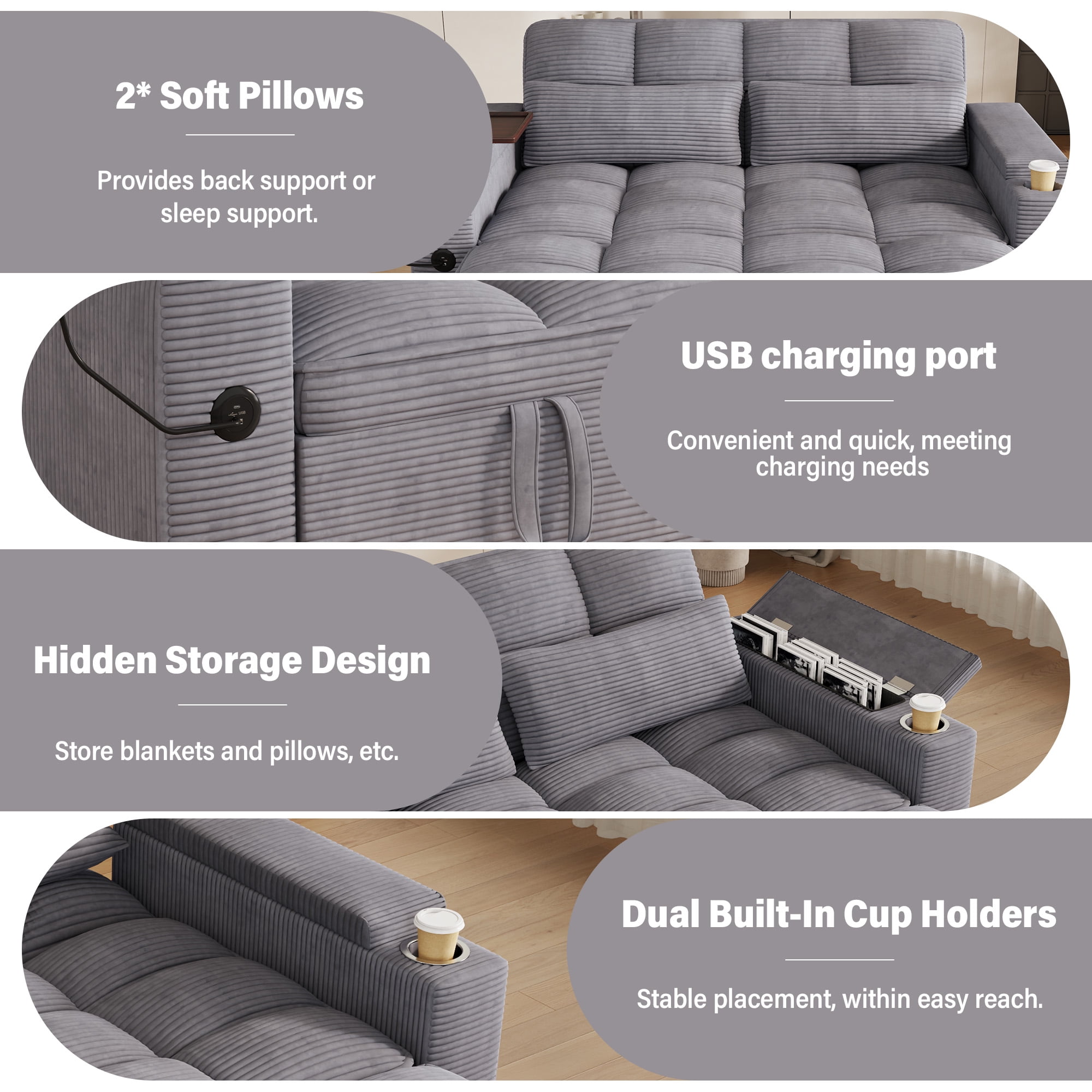 Aukfa 65"W Convertible Sofa Bed with Storage, 3-in-1 Corduroy Queen Sleeper Sofa Couch with 360° Swivel Side Table & USB /Type-C Ports,Gray