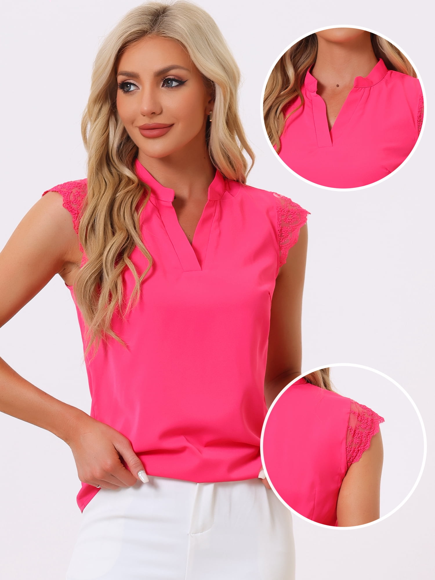 DARING DIVA Women's V Neck Sleeveless Basic Blouse Top M Hot Pink