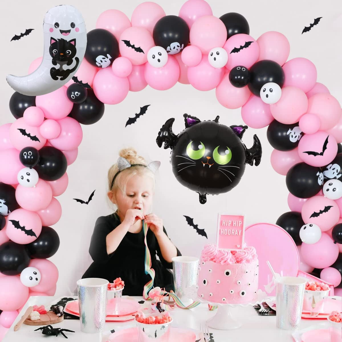 Halloween Baby Shower Decorations for Girl, A Baby is Brewing Pink Black Balloon Garland Arch Kit Ghost Bat Foil Balloon Baby Shower Pregnancy Announcement Gender Reveal Party Supplies