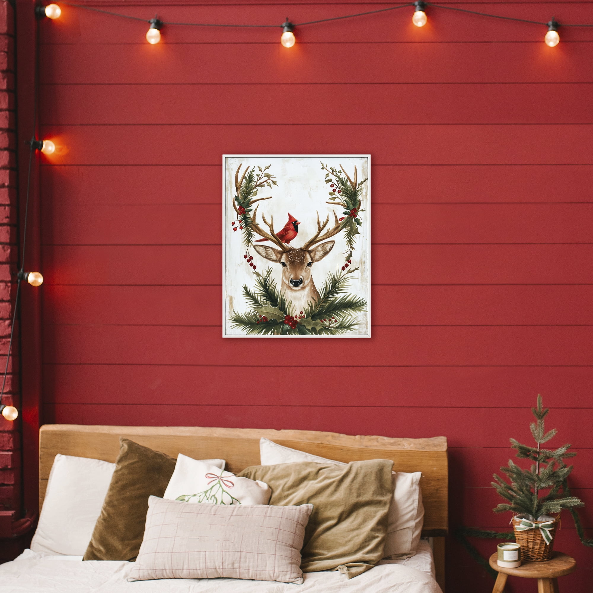 Stupell Industries Cardinal & Deer with Festive Flora White Framed Giclee Art, design by Acorn & Ivory Designs