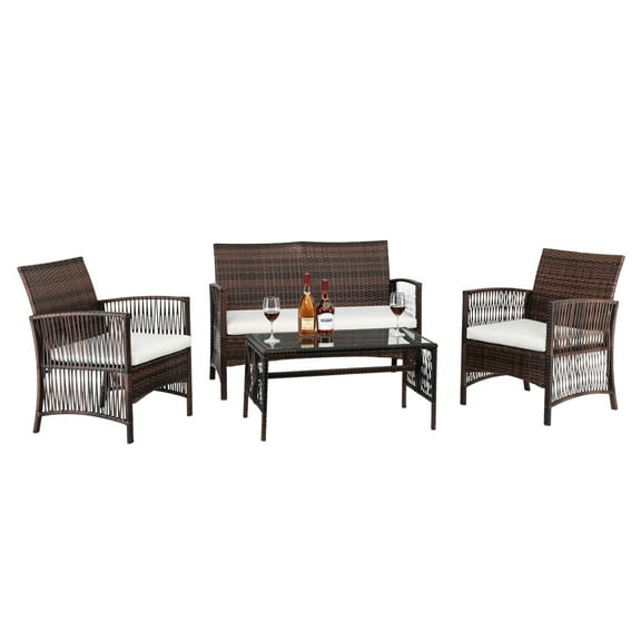Outdoor Patio Wicker Bistro Furniture Sets for Garden, 4-Piece Wicker Patio Conversation Furniture Set w/ Loveseat Seats, 2 Armchair Sofas, Coffee Dining Table and Padded Cushions, Brown, S8566