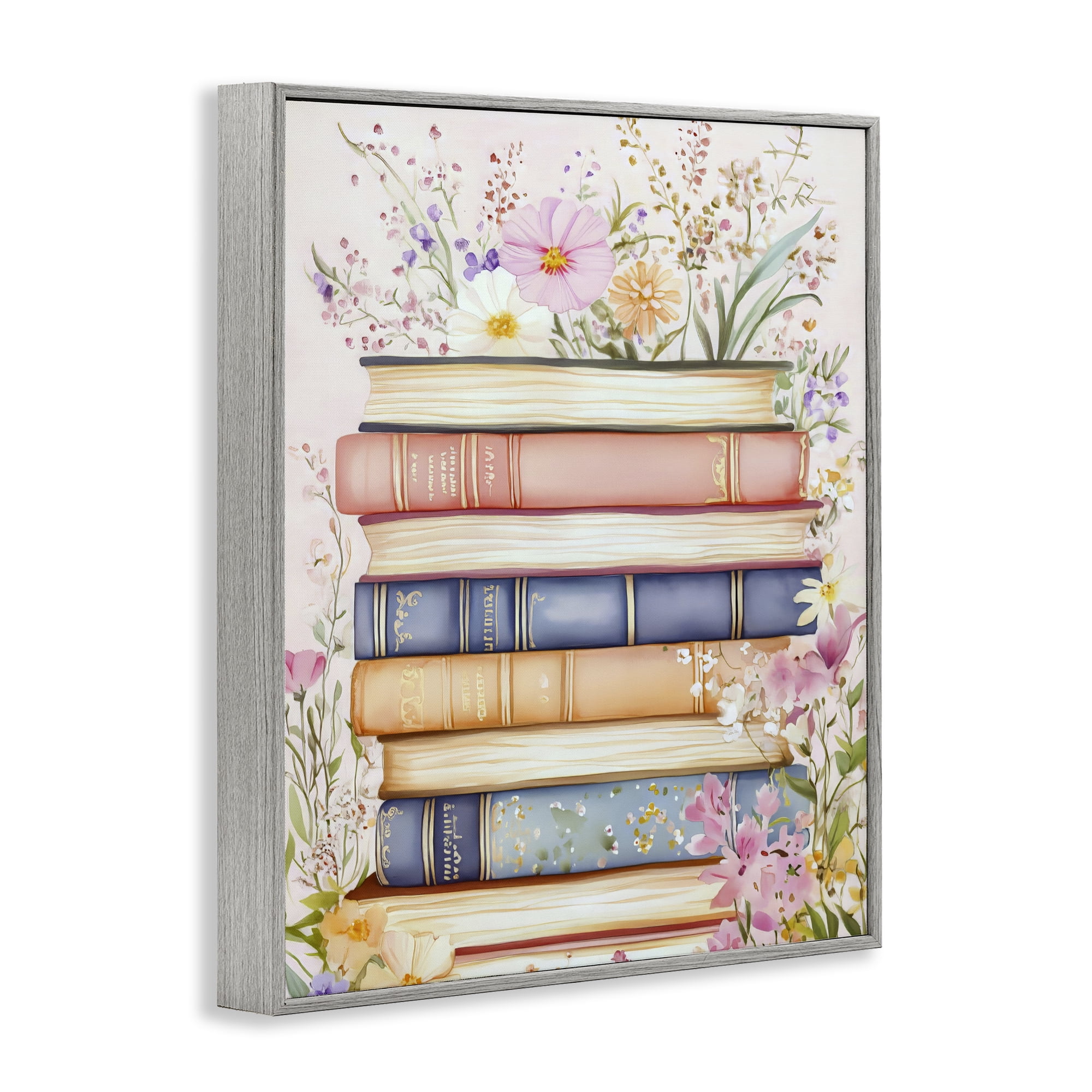 Stupell Industries Blooming Bookstack in Pastels Gray Framed Giclee Art, design by LSR Design Studio