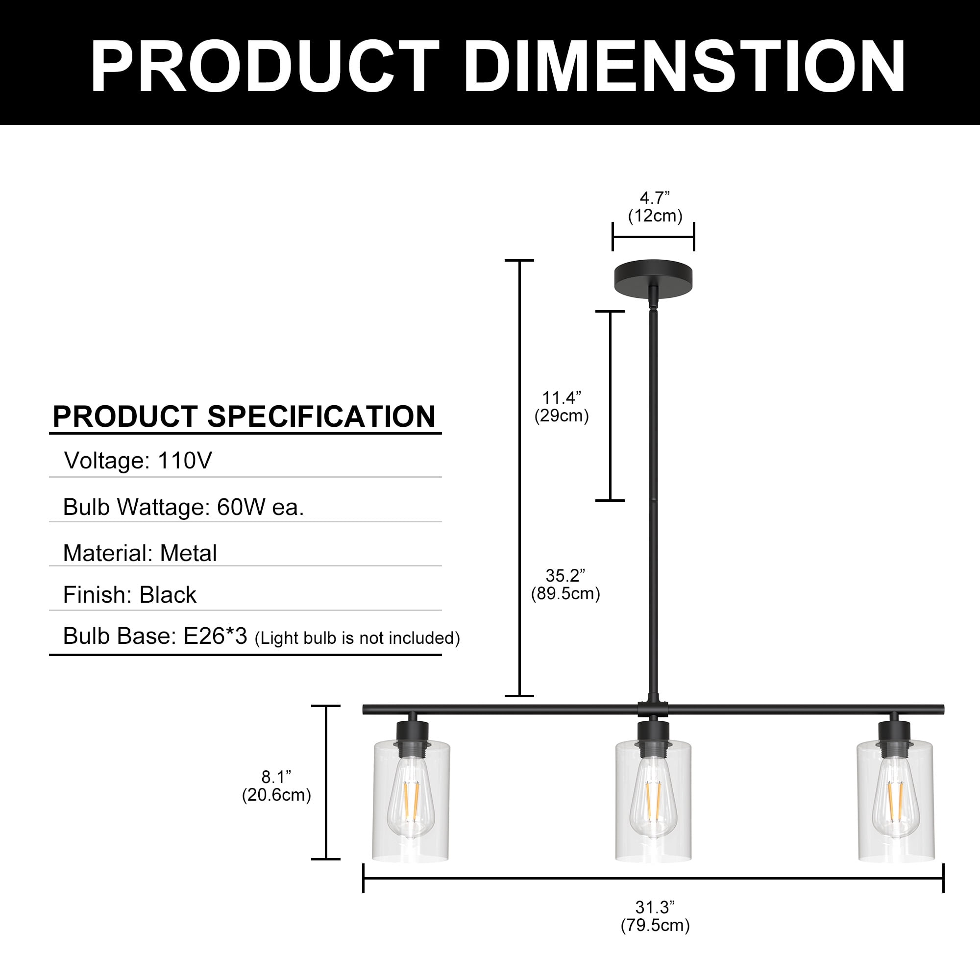 YANSUN 3-Light Linear Pendant Lights, Modern Black Fixture with Clear Glass Shades