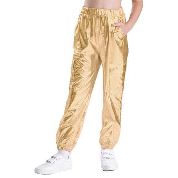 TiaoBug Kids Boys Girls Glitter Metallic Dance Pants Trousers for Hip Hop Jazz Stage Performance Gold 12