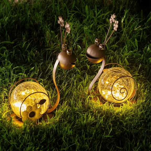 Cracked Glass Solar Ball Lights 2 Pack - Solar Globe Lights Outdoor Metal Snail Lights Warm White Waterproof for Patio Yard Lawn