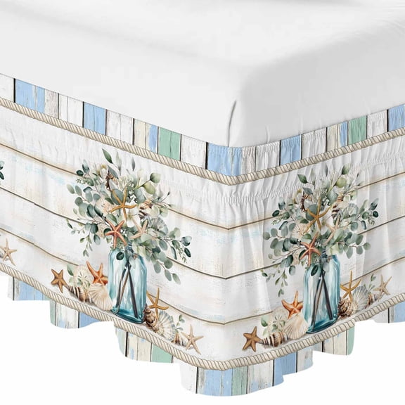 Queen Bed Skirt 16 Inch Drop, Ocean Starfish Conch Shell Eucalyptus Easy Fit Wrap Around Ruffle Bedding, Colorful Wood Grain Bed Skirts with Adjustable Elastic Belt