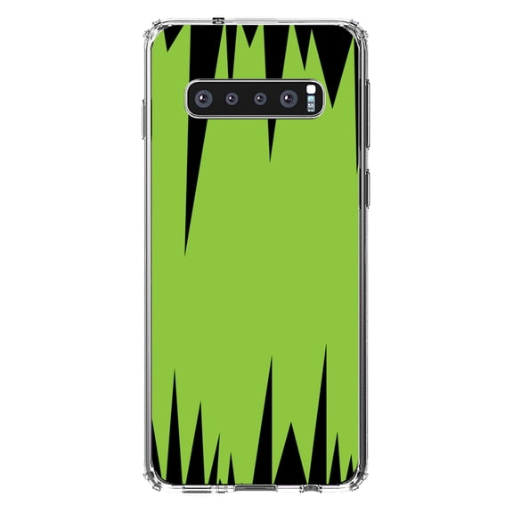 DistinctInk Clear Shockproof Hybrid Case for Samsung Galaxy S10 (6.1" Screen) - TPU Bumper, Acrylic Back, Tempered Glass Screen Protector - Lime Green Black Spikes