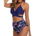 thumbnail image 1 of Women Halter Bikini High Waisted Swimsuits Cross Wrap Two Piece Strappy Bathing Suits Blue Flamingo (L, 1 of 6