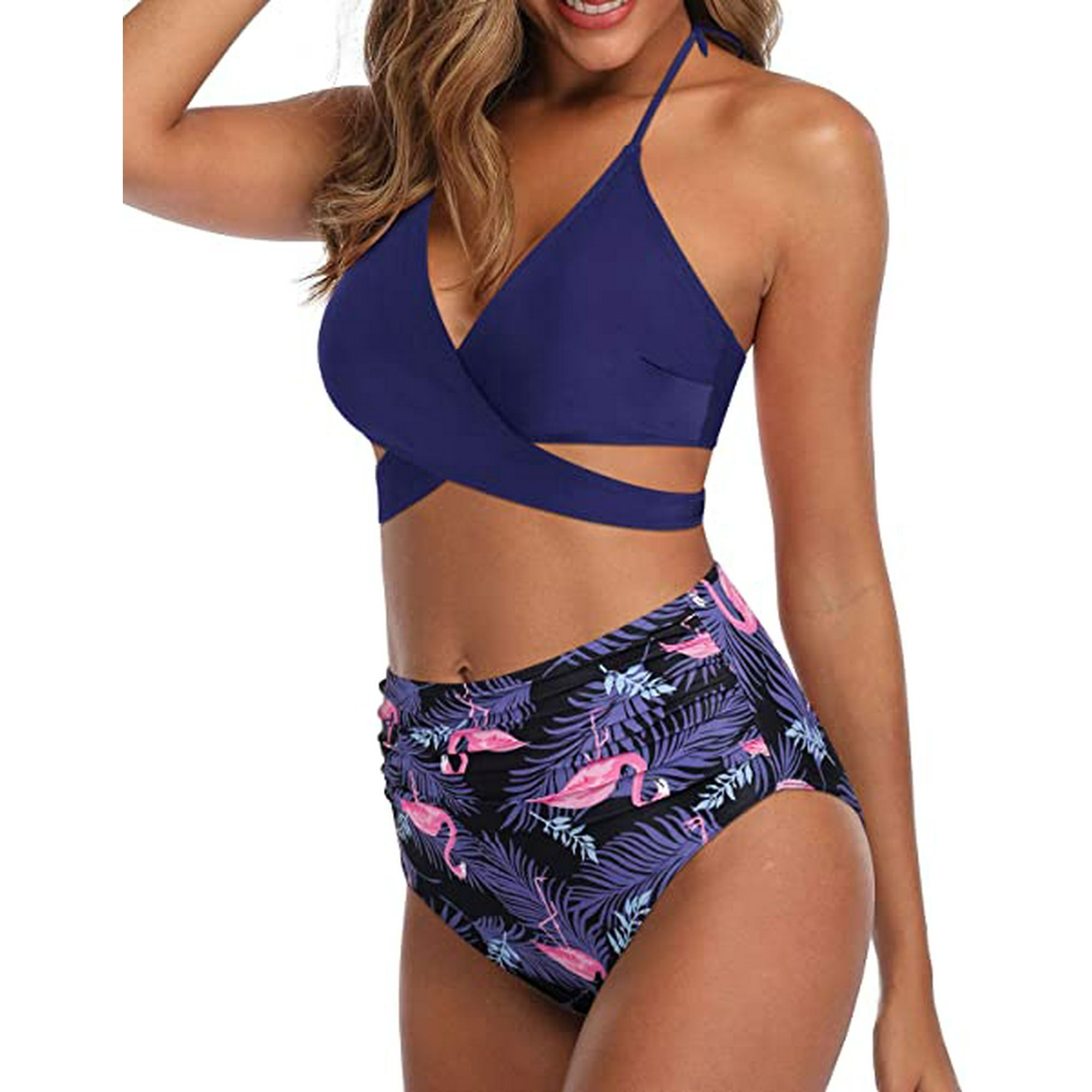 Women Halter Bikini High Waisted Swimsuits Cross Wrap Two Piece Strappy Bathing Suits Blue Flamingo L