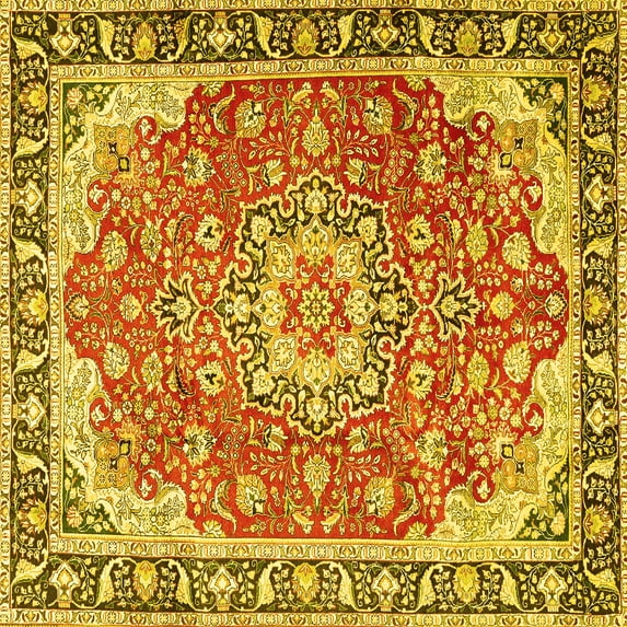 Ahgly Company Machine Washable Indoor Square Persian Yellow Traditional Area Rugs, 5' Square