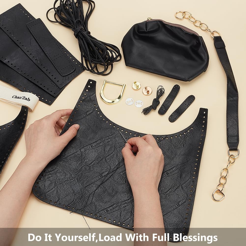 DIY Sew on Women's Underarm bag Making Kit Including Magnetic Clasp PU Leather Fabric Alloy Findings Wax Cord Needles Black