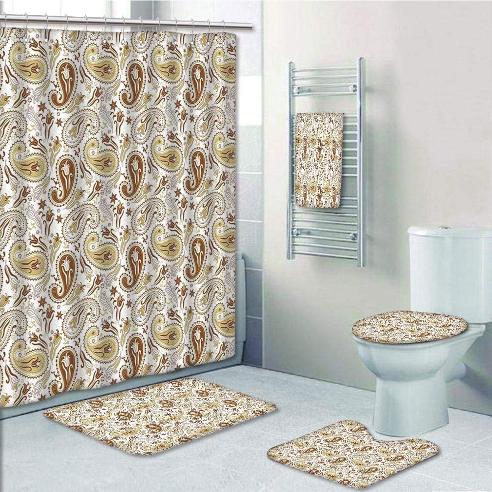 Erehome Paisley Floral With Paisley Tulips Persian Hippie Decor 5 Piece Bathroom Set Shower Curtain Bath Towel Bath Rug Contour Mat And Toilet Lid Cover Walmart Canada