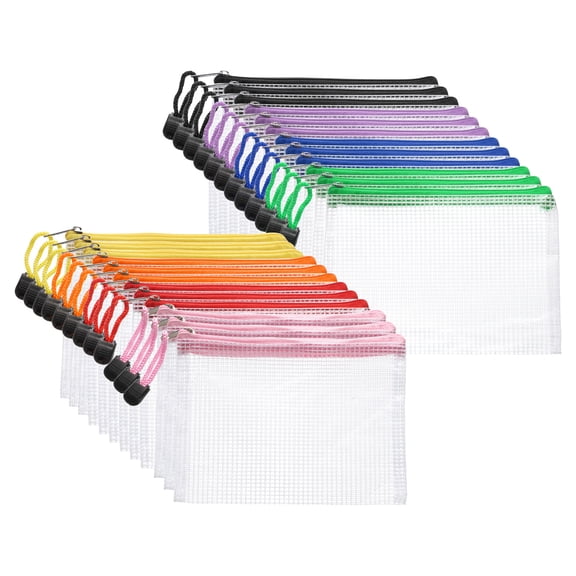 Uxcell 24pcs Mesh Zipper Pouch Bags A6 7" x 4.7" Plastic Waterproof Mesh File Bag Clear Document Zipper Pouches for Classroom Home Travel Office Supplies Organization, 8 Colors