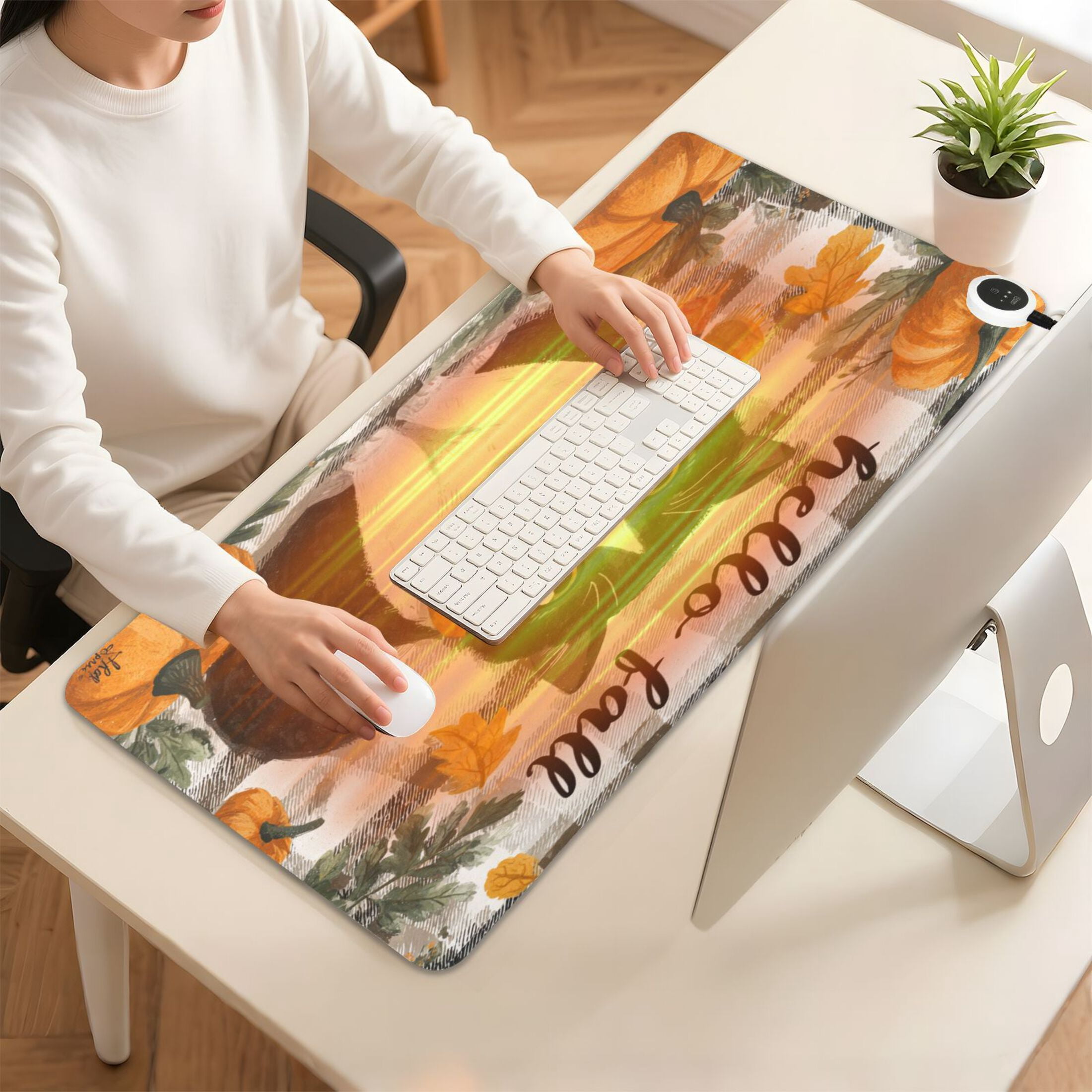 Large Heated Desk Mat Mouse Pad 31.5"x13"PU Leather Graphene Heating Desk Warmer with 3 Temperature Settings 110V US Plug Non-Slip Warm Pad for Home, Office, and Gaming Falling Leaves and Cute Cat