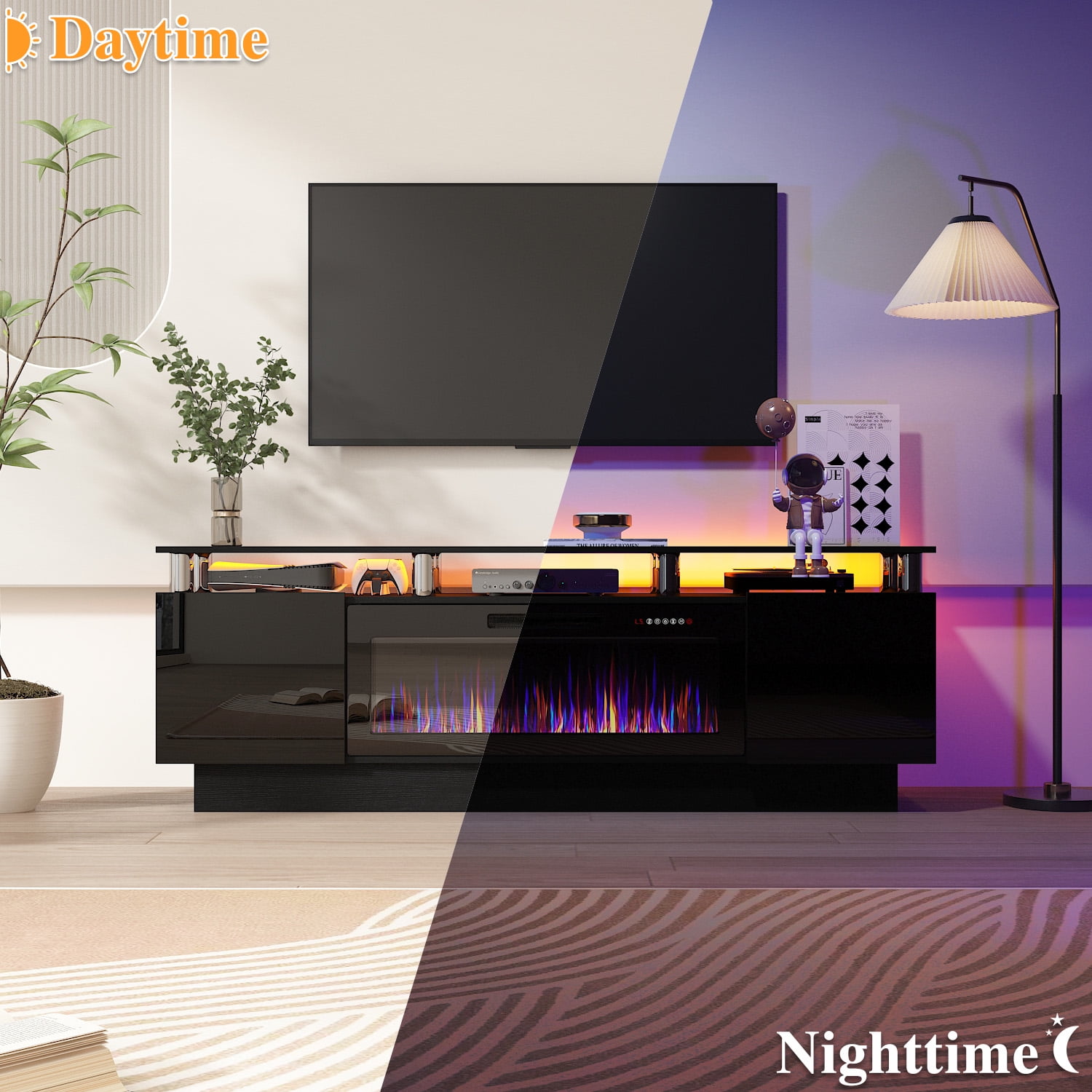 BOSSIN Fireplace TV Stand with 36" Electric Fireplace for Living Room,LED Light Entertainment Center,2 Tier TV Console Stand for TVs Up to 80"