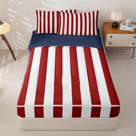 Manfei Red White Stripes Zipper Twin Comforter Sets with Fitted Sheet and 2 Pillowcases,Modern Geometric Zipper Bedding Set,Navy Blue Reversible,4pcs