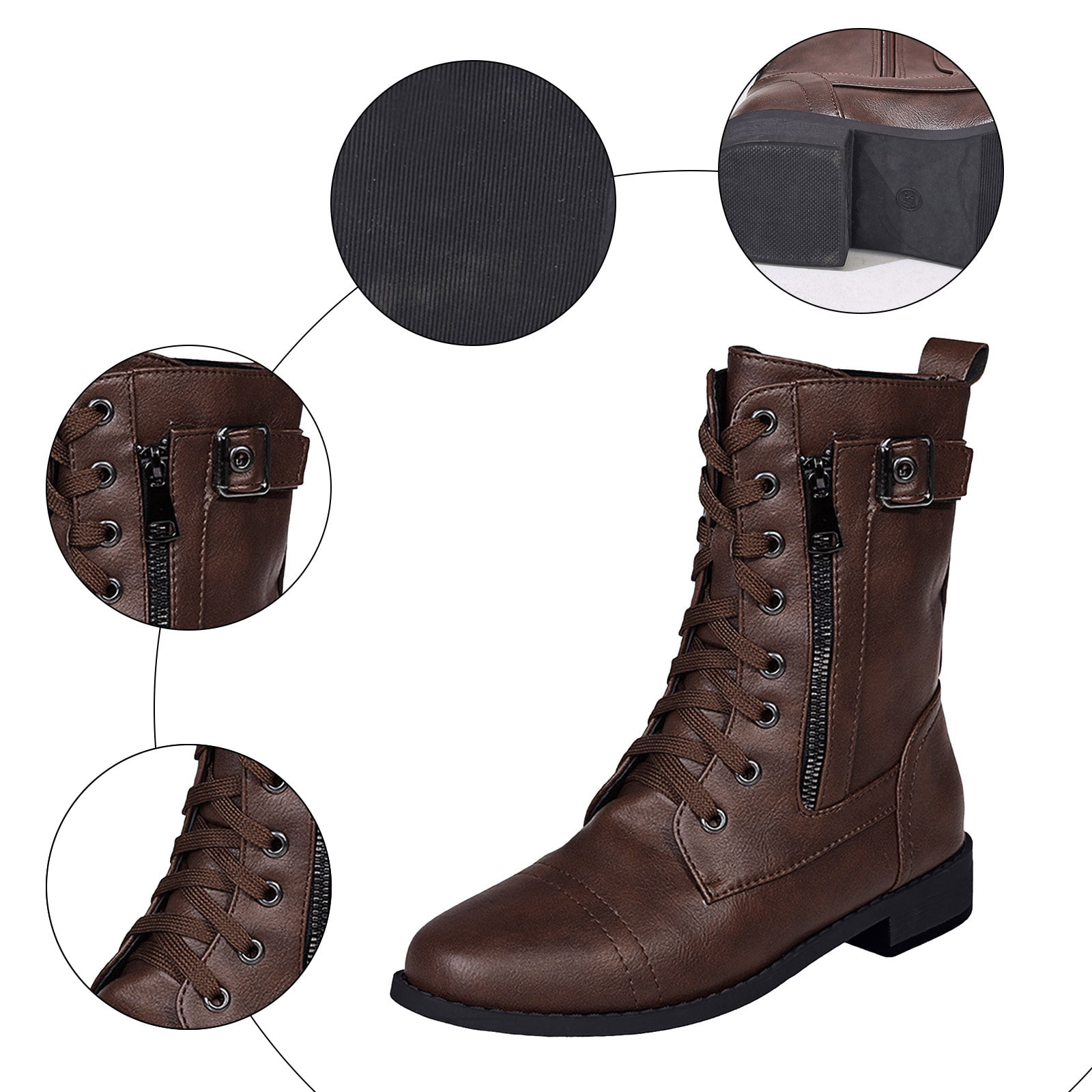 Combat Ankle Boots Women Lace up Leather Short Booties Brown Black