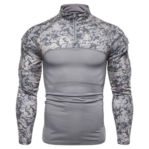 Camisas de Hombre Blusas de Manga Larga Con Cuello Redondo Fitness Al Aire Libre Camuflaje Bolsillo Con Cremallera Camiseta Elástica Tops Odeerbi ODB-4