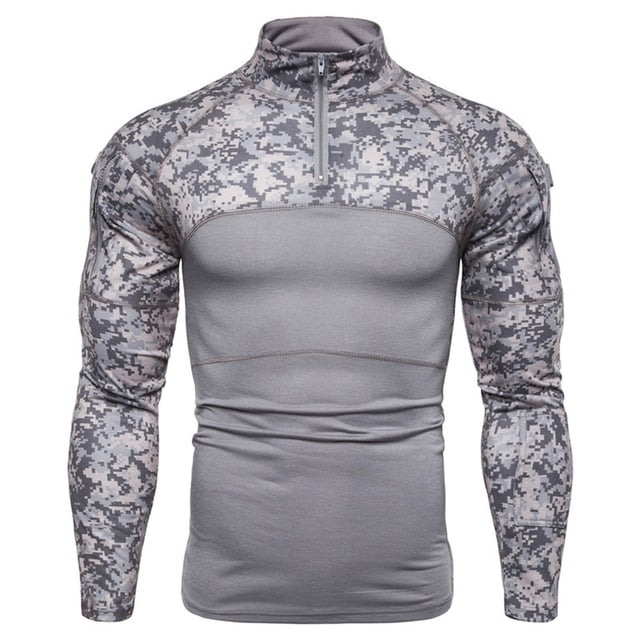 Hombres Fitness al aire libre Camuflaje Manga larga Cremallera Bolsillo Elástico Camiseta Tops Pompotops oipoqjl7578