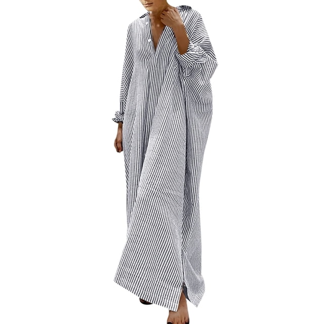 Baberdicy Robes Femmes Robe Chemise à Rayures en Coton et Lin Décontractée Ample Maxi Robes Robes Décontractées pour Femmes Gris, Taille:P-5TG