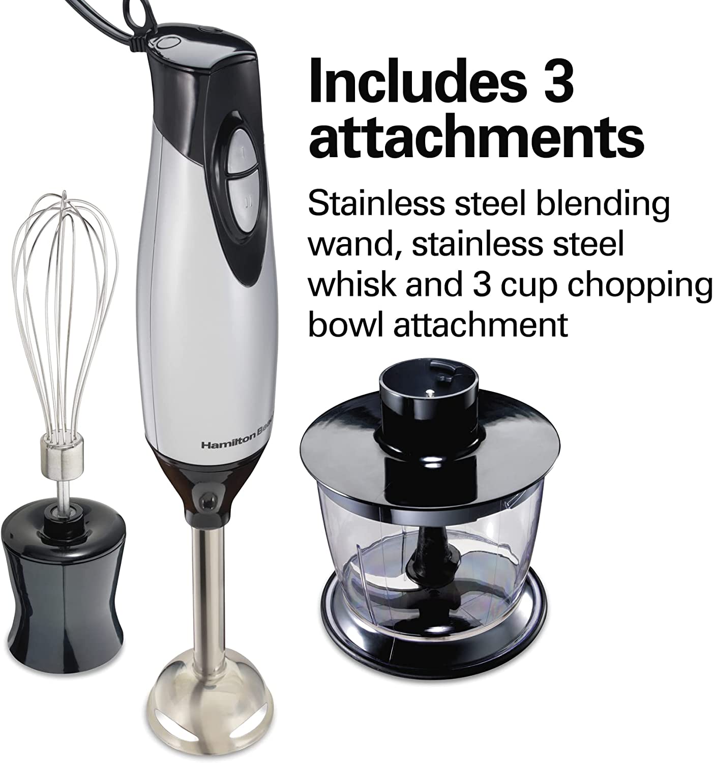 4-in-1 Electric Immersion Hand Blender with Whisk and Chopper Bowl, 2-Speeds, 225