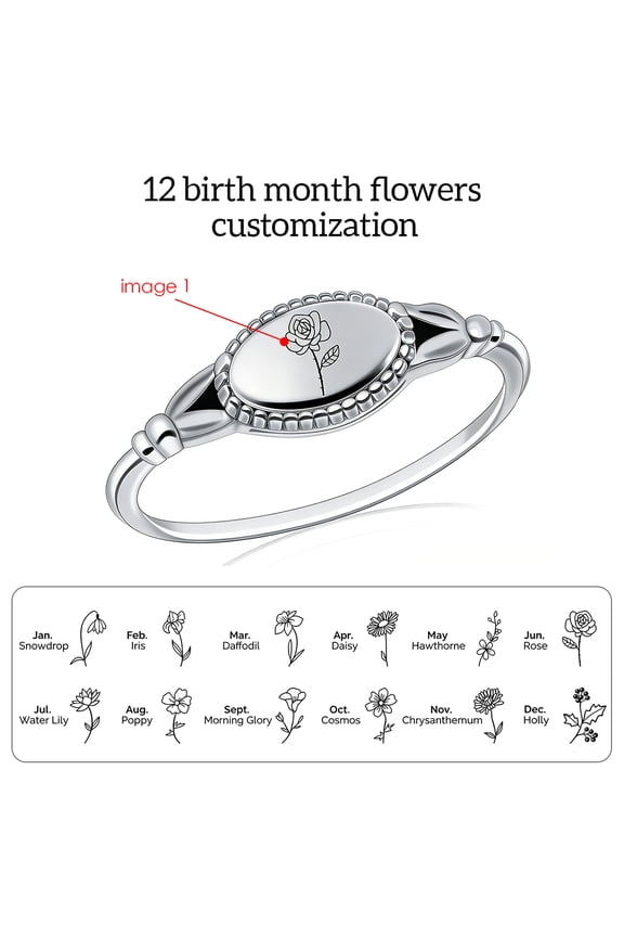 Custom 12 Birth Month Flower Ring - Personalized 12 BirthFlowers & Birthstones Family Heirloom Flower Rings Silver/316L Stainless Steel Mother's Day Jewelry Gifts for Mom