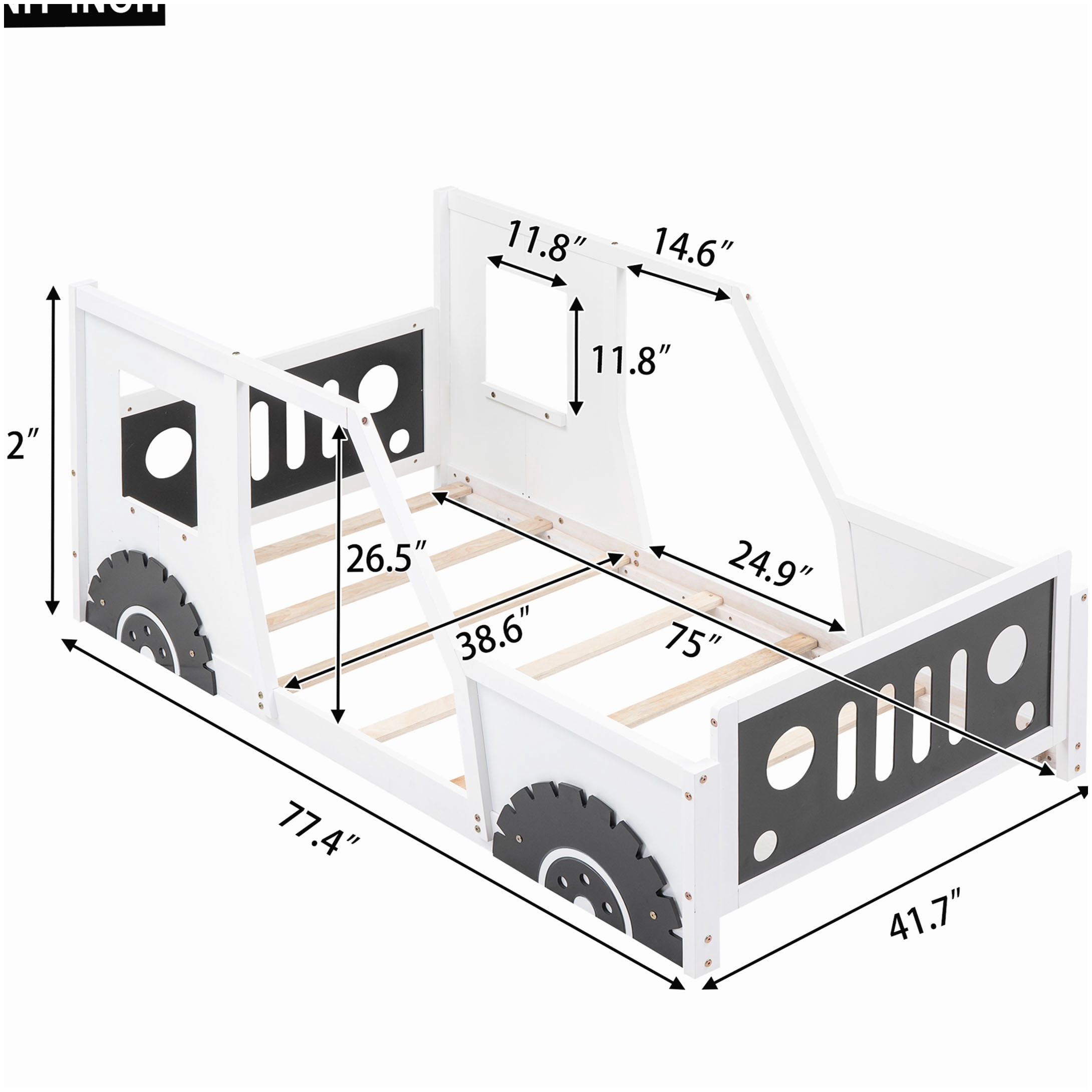No Box Spring Race Car Bed Frame Twin Size, White Wood Platform with Decorative Wheels