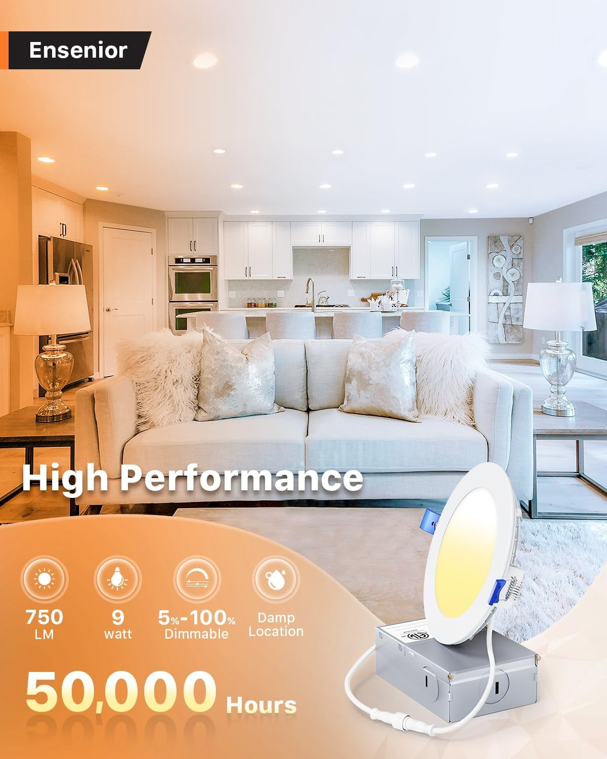 Ensenior 12 Pack 4 Inch LED Recessed Ceiling Light, Dimmable, 2700K-5000K 5CCT, 750LM 9W 120V, High Brightness Canless Wafer Downlight - ETL&FCC&IC