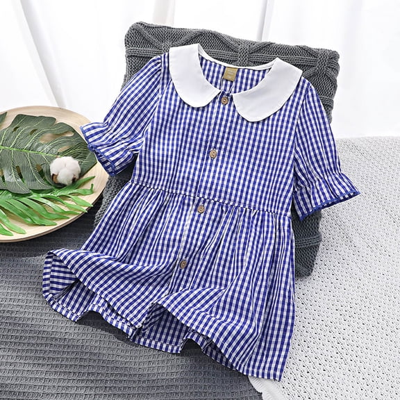 Hrsba Girls Summer Dress Plaid Print Short Sleeve Lapel Shirt Dress Lightweight Breathable for Little Girls
