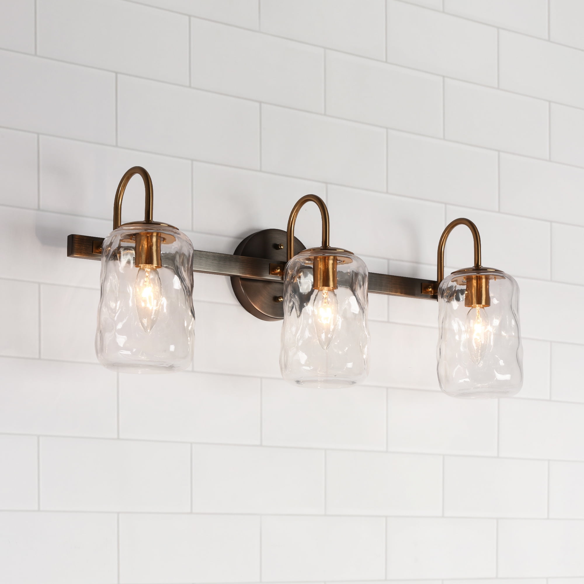 LNC Modern 3-Light Bathroom Vanity Light with Clear Water Glass, Black and Gold Fixture