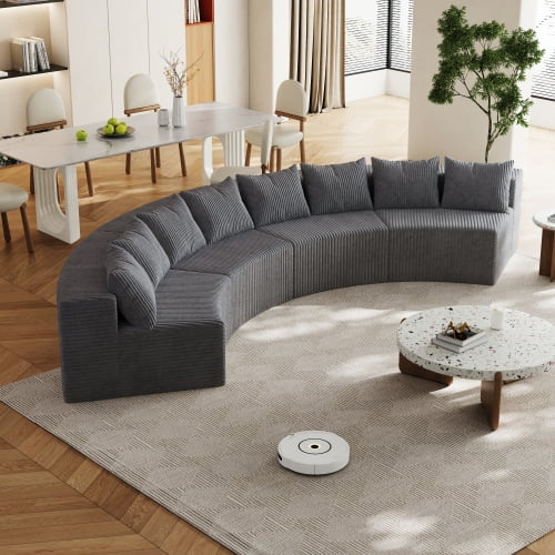 Newest 4-Piece Curved Modular Sectional Sofa in Corduroy with 8 Pillows for Conversation Pit, Grey
