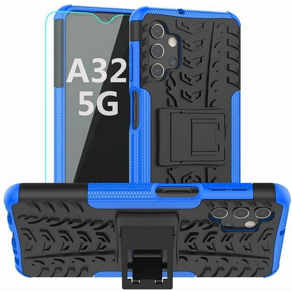 Galaxy A32 5G Case,Samsung A32 5G Case,with HD Screen Protector, [Shockproof] Tough Rugged Dual Layer Protective Case Hybrid Kickstand Cover for Samsung Galaxy A32 5G (Blue)