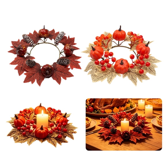 Fall Candle Rings Fall Decorations for Home Thanksgiving Decorations Artificial Mini Pumpkin Maple Berry Pinecone Candle Wreath for Table Centerpiece by MPOISVA