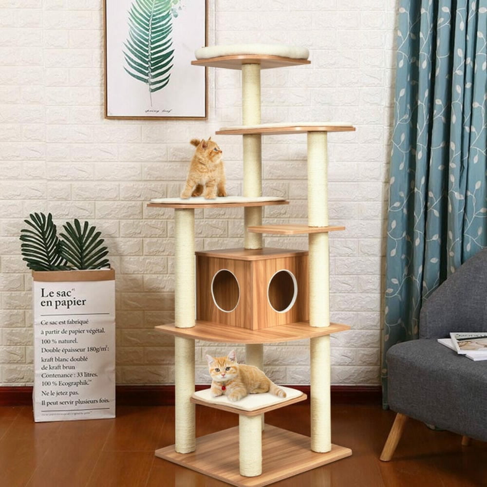 Spaco Cat Tree, 57-Layer Wooden Cat Tree Tall Cat Tower with Sisal Posts and Condo-Natural, Cat House with Platform Bed, Large Cozy Condo