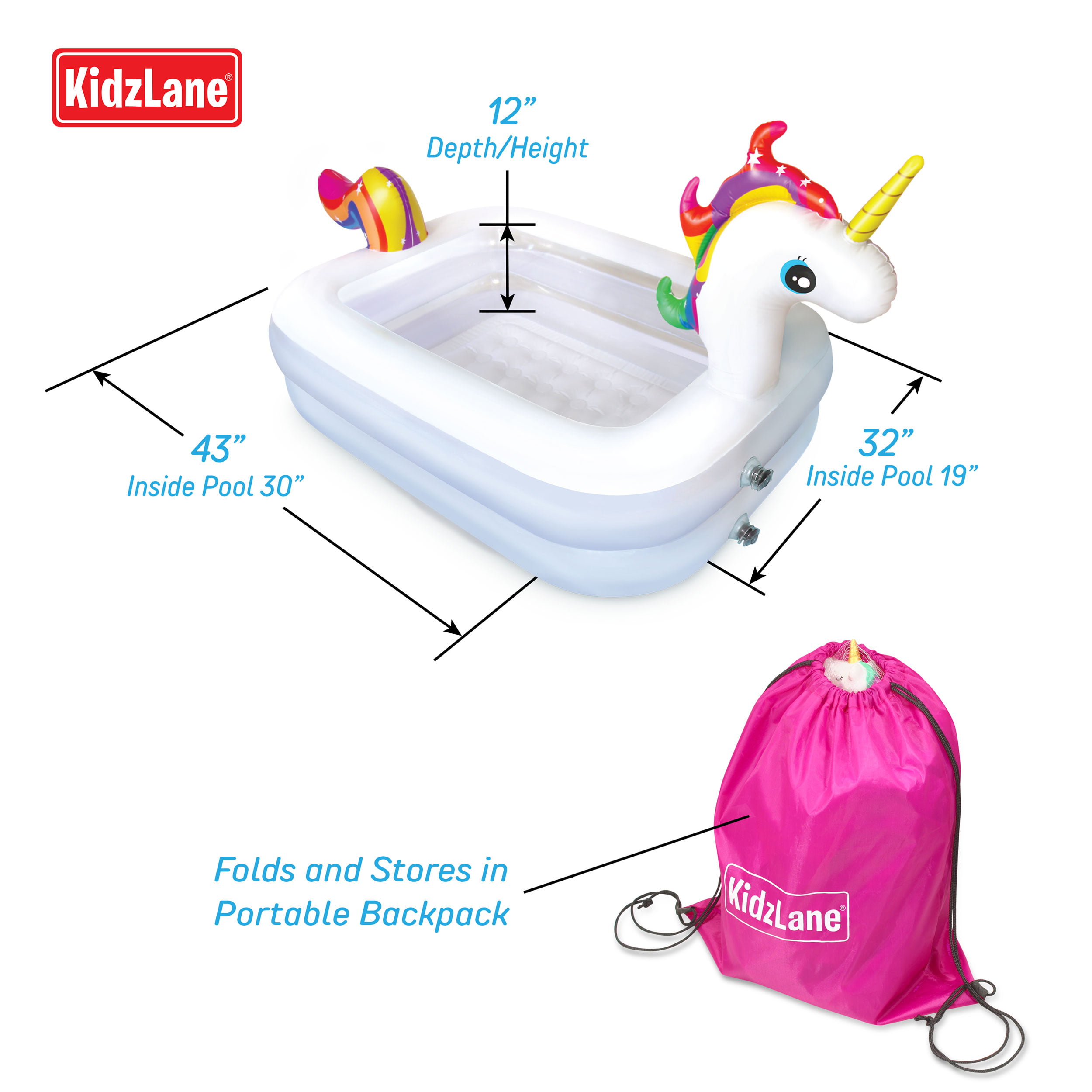 Carrying Bag Kidzlane Unicorn Pool for Kids with Unicorn Pool Toys Pump 43” x 32” x 28 Toddler Blow Up Swimming Pool for Backyard & Outdoor Small Inflatable Kiddie Pool Includes Pool Toys 