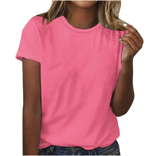 Liquidation Staron Hauts Tendance pour Femmes Chemises à Manches Courtes Unies Tunique Col Rond Blouses Tendance T-Shirt Graphique Décontracté Chemises Amples Cadeau pour Elle Rose G